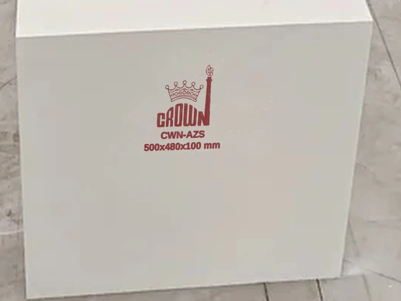 Close-up of the red Crown stencil on a CWN-AZS block, 500 × 480 × 100 mm