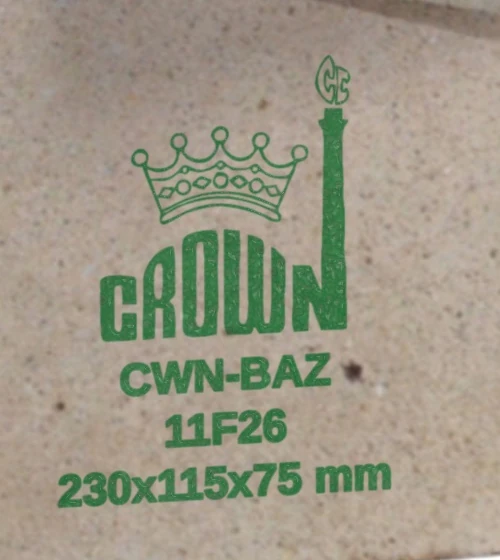 Close-up of the Crown stencil on a CWN-BAZ alumina-zirconia brick