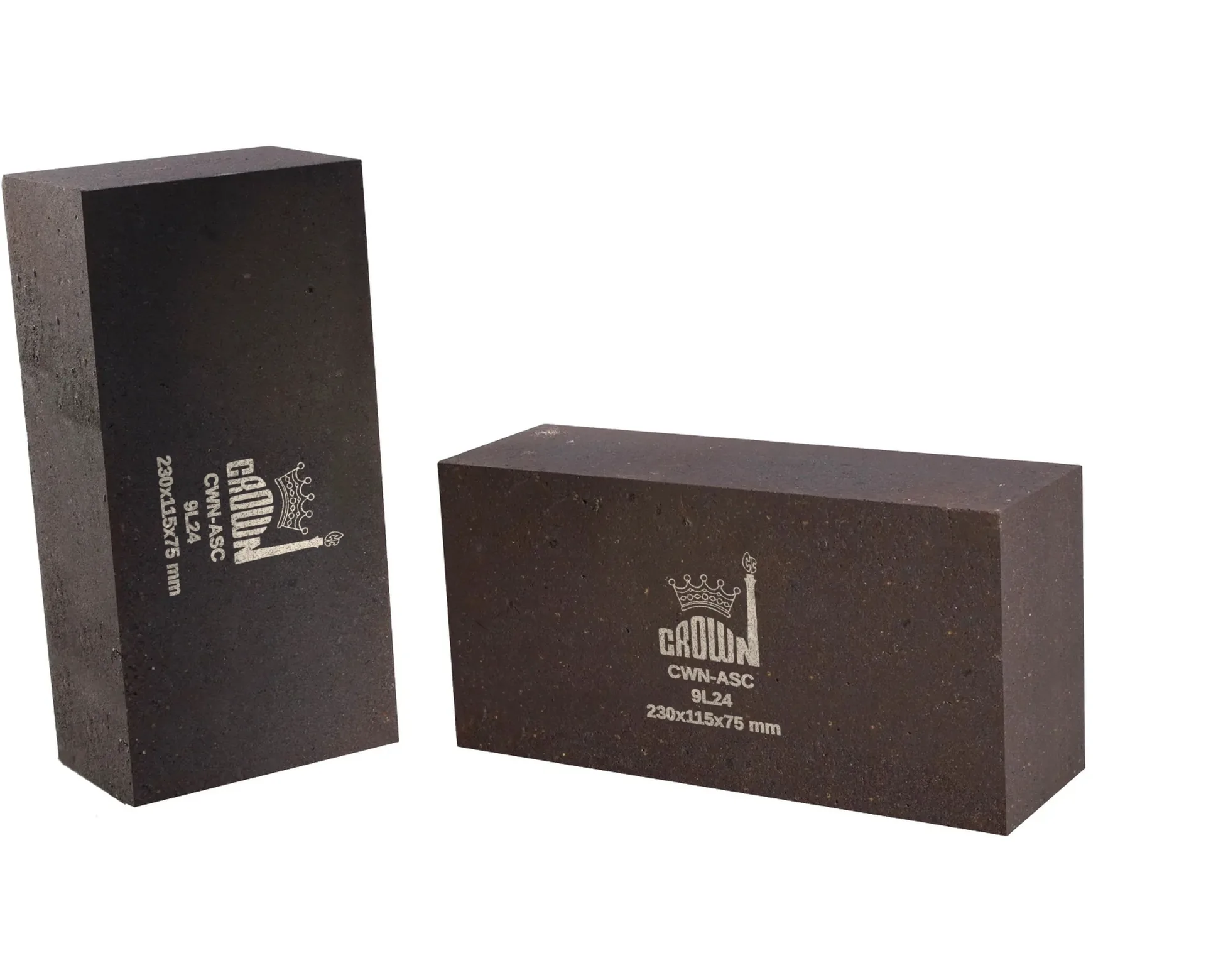 Two Crown CWN-ASC chemically bonded alumina-SiC bricks, each stencilled in off-white on the 230 × 115 mm face with the Crown mark, grade, batch code and size