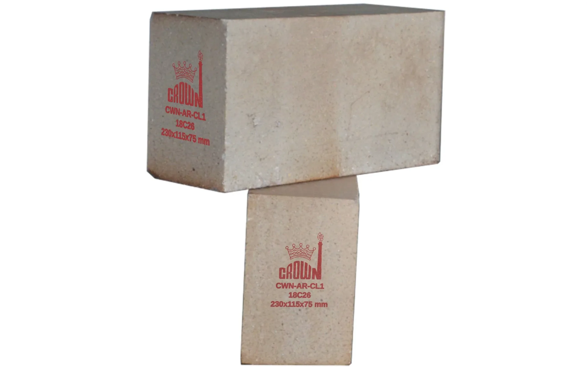 Two Crown CWN-AR-CL1 acid resistant bricks, each stencilled in red with the Crown mark, grade, batch code and size