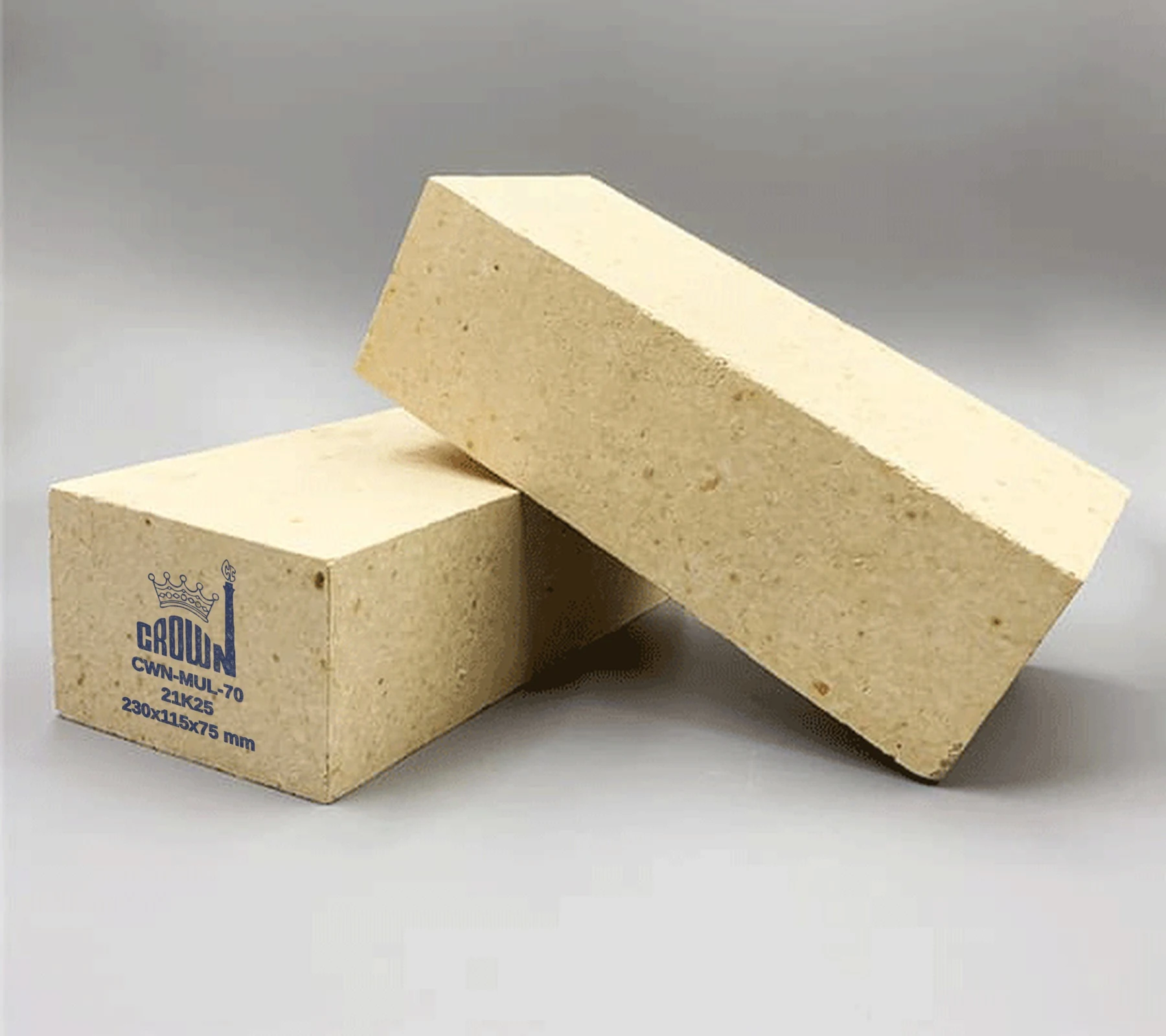 Crown CWN-MUL-70 mullite brick, stencilled on its end with the Crown mark, grade, batch code and size