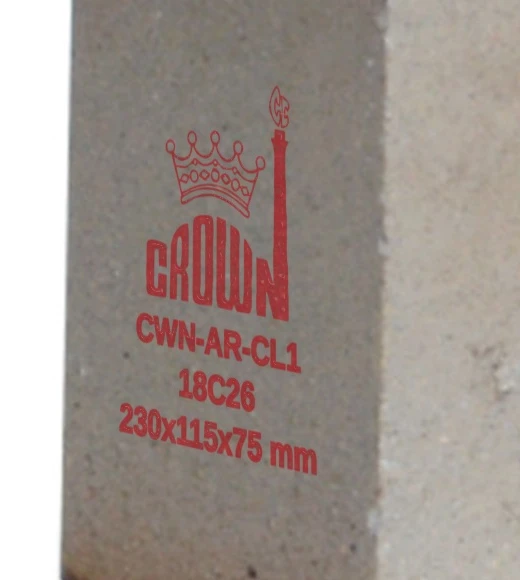 Close-up of the red Crown stencil on the end of a CWN-AR-CL1 acid resistant brick