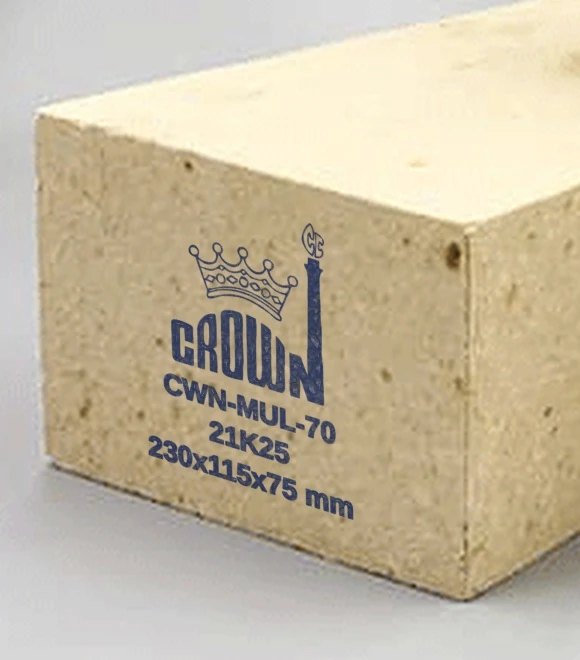 Close-up of the Crown stencil on the end of a CWN-MUL-70 mullite brick