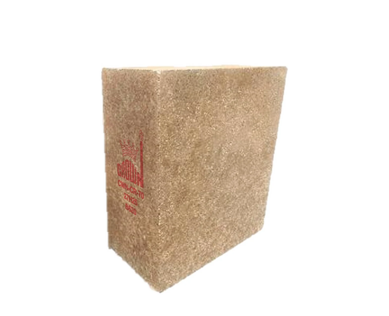 A Crown CWN-CR-70 fired alumina-SiC taper brick, stencilled in red on the 200 × 103 mm face with the Crown mark, grade, batch code and shape number