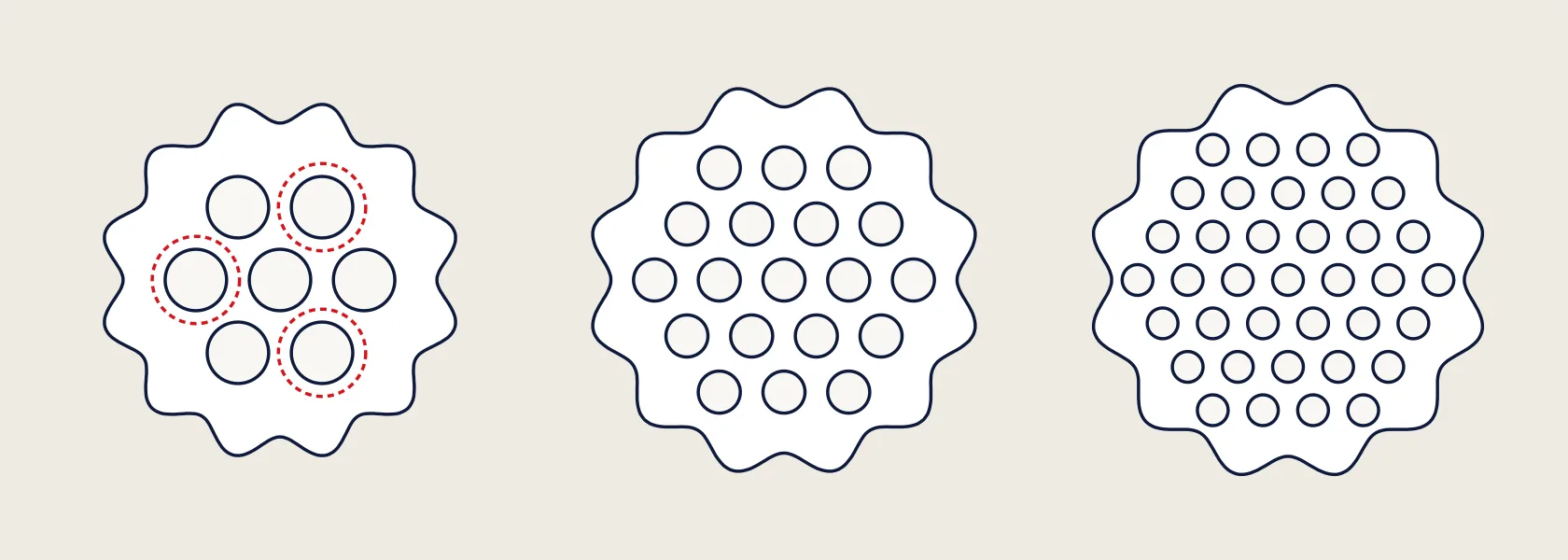 Illustration of 7, 19 and 37-hole checker bricks side by side