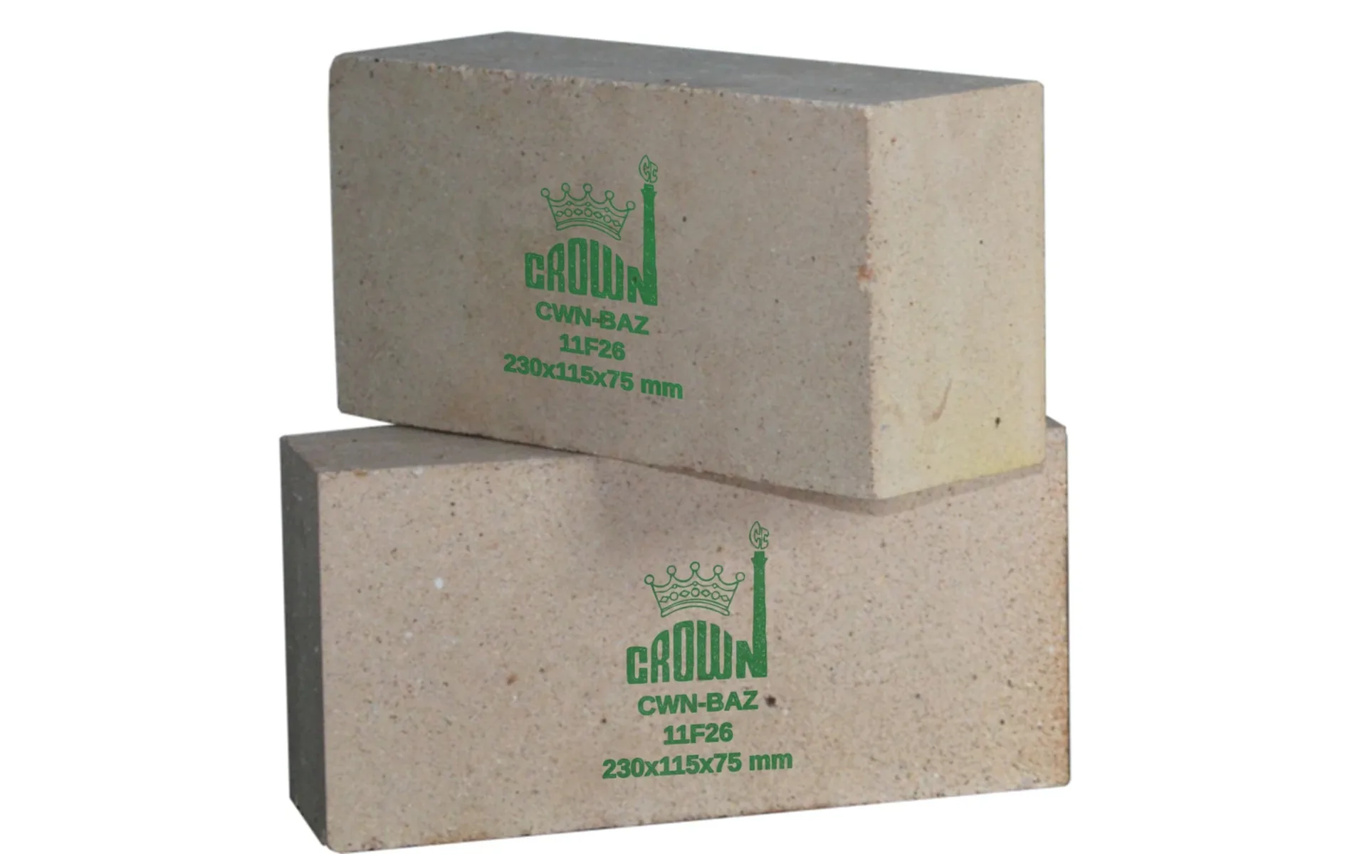Two Crown CWN-BAZ alumina-zirconia bricks, each stencilled on its large face with the Crown mark, grade, batch code and size